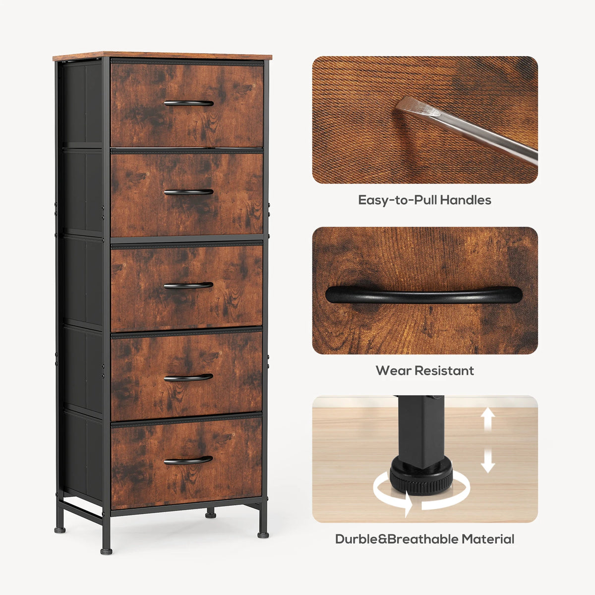 48IN Dresser for Bedroom with 5 Fabric Drawers Nightstand Wardrobe Steel Frame Closet for Clothes Storage Cabinet Furniture