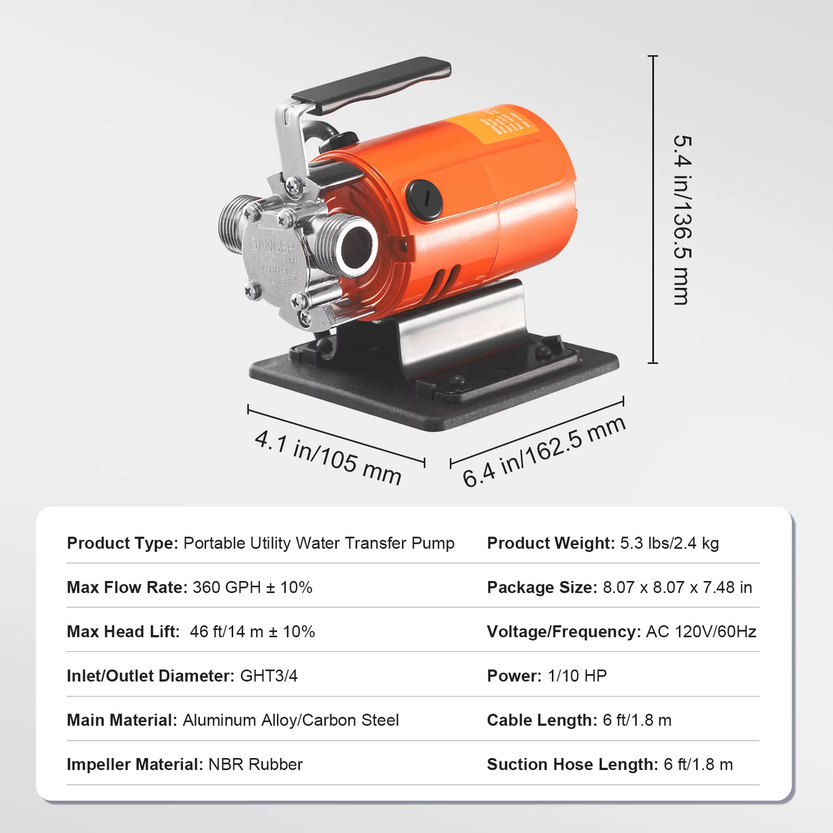 Water Transfer Pump 120V AC 360GPH 1/10 HP Portable Electric Utility Pump for Garden, Rain Barrel, Pool, Pond, Aquarium