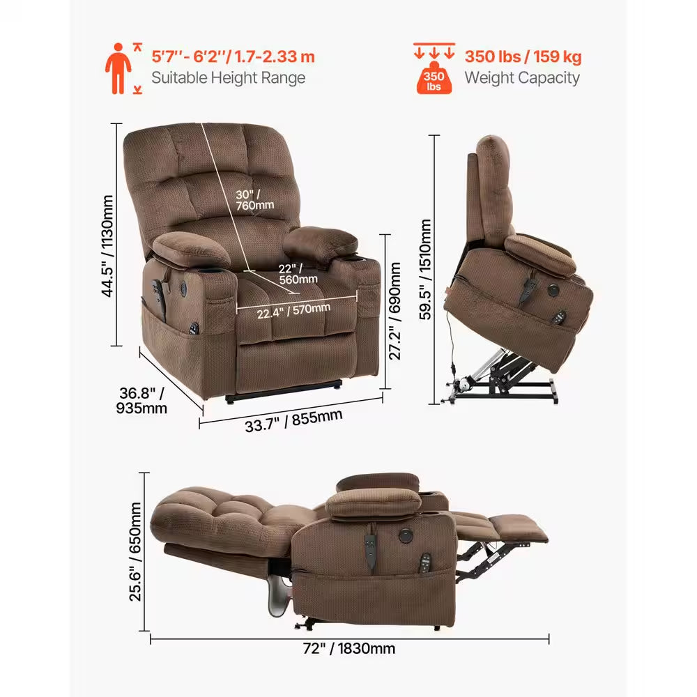 Power Lift Recliner Chair for Elderly, Dual Motor with Heat and Massage, USB Port, Infinite Position Adjustment, Brown