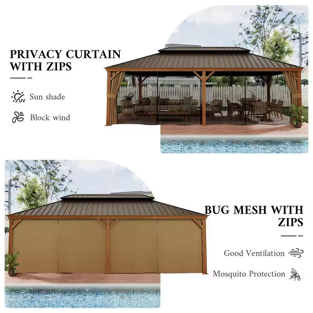 14 Ft. X 22 Ft. Double Galvanized Steel Roof Aluminum Wood-Looking Frame Outdoor Patio Hardtop Gazeb