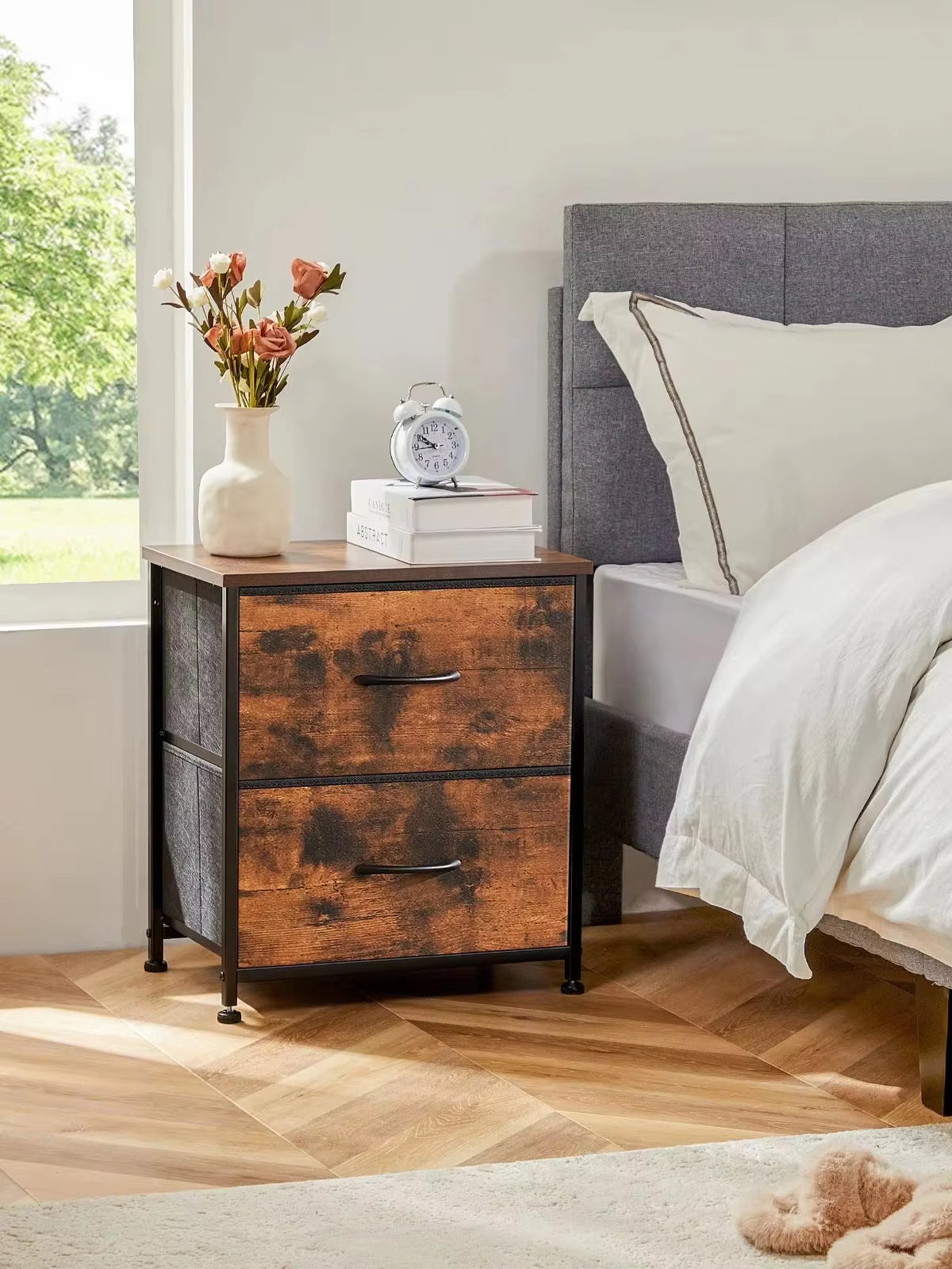 Nightstand Bedside Coffee Sofa Tea Table Storage Closet Chest Clothes Display for Bedroom 2 Fabric Drawers Cabinet Furniture