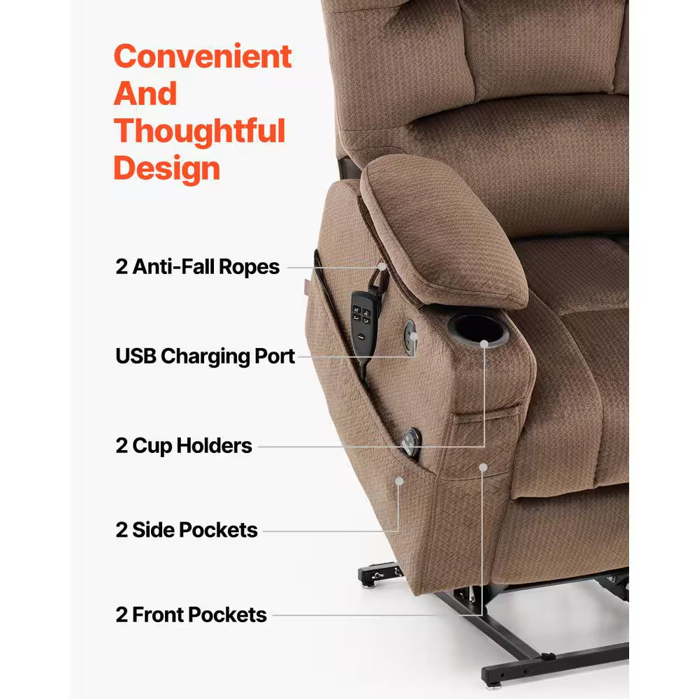 Power Lift Recliner Chair for Elderly, Dual Motor with Heat and Massage, USB Port, Infinite Position Adjustment, Brown