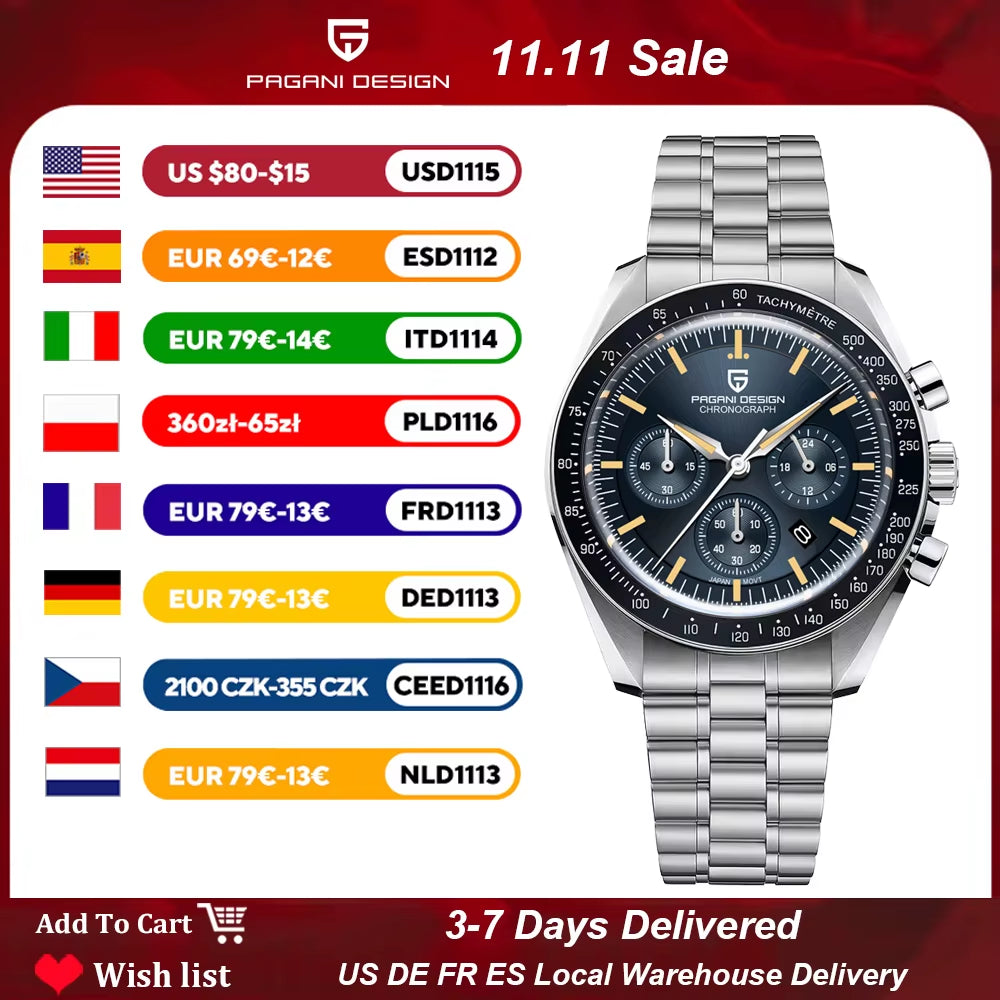 2026 New  Moon V6 Men'S Watches Luxury Quartz Watch for Man Chronograph VK63 Men Gift AR Sapphire Mirror Luminous