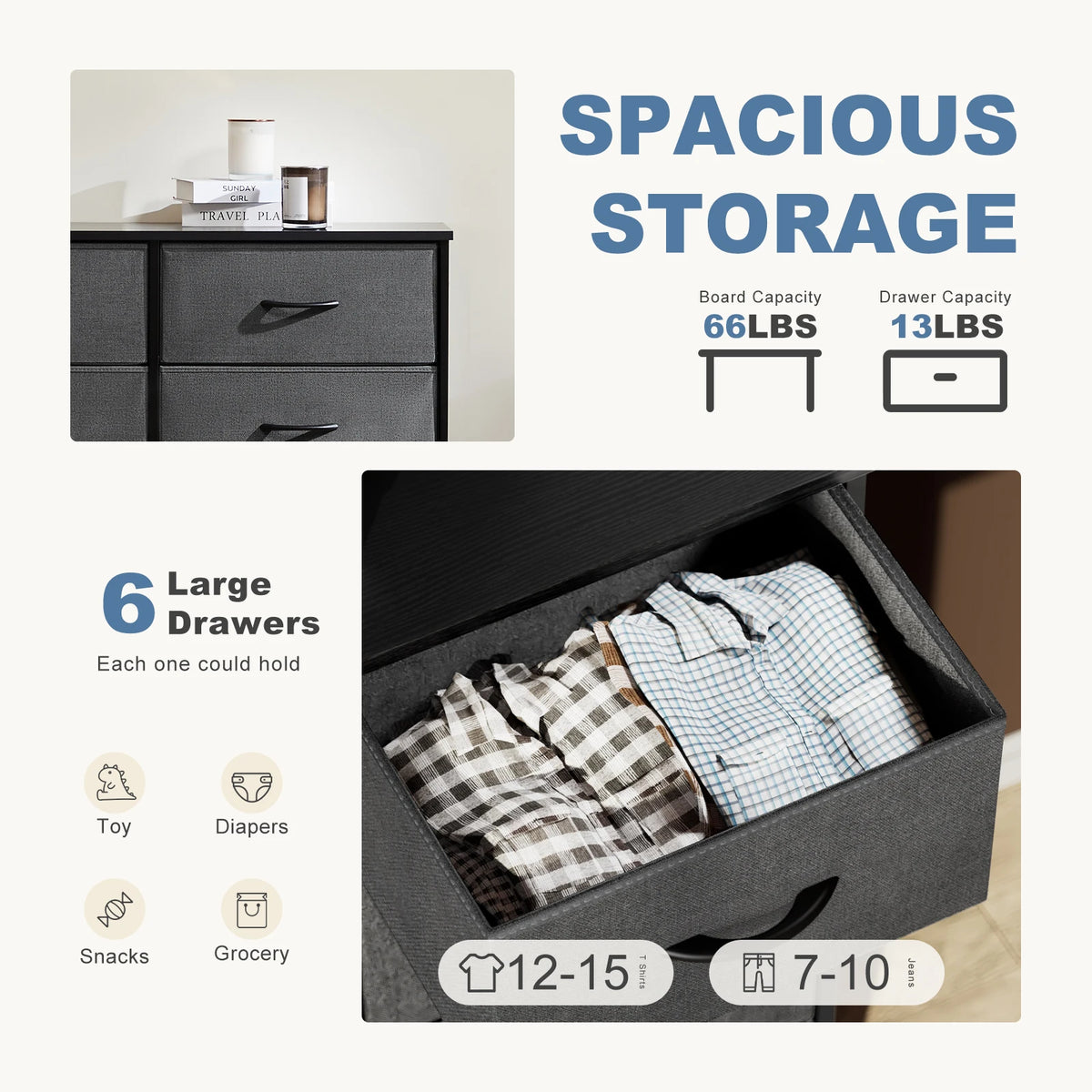 6 Fabric Drawers Nightstand for Bedroom Bedside Sofa Table with Storage Closet Chest Clothes Display Cabinet Furniture