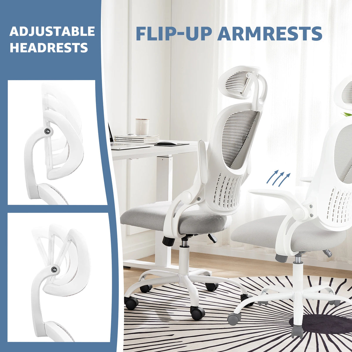Mesh Ergonomic Office Computer Desk Chair Flip-Up Arms Adjustable Headrests Comfortable Lumbar Support for Home Office