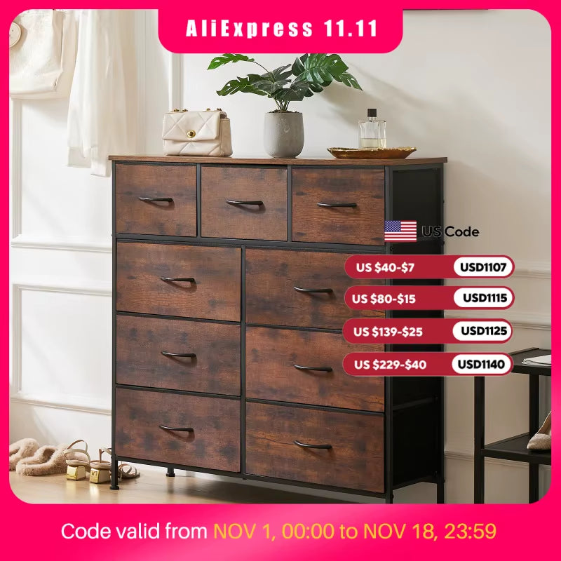 Dresser for Bedroom with 9 Fabric Storage Drawer Wardrobe Tall Chest Organizer Closet Adult Kids Clothes Cabinet Furniture