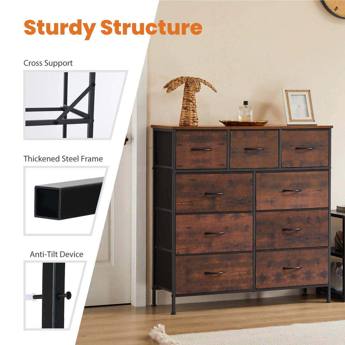 Dresser for Bedroom with 9 Fabric Storage Drawer Wardrobe Tall Chest Organizer Closet Adult Kids Clothes Cabinet Furniture