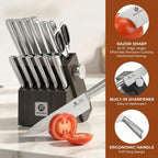 Japanese High Carbon Stainless Steel Knife Set with Block, Precision-Forged Gyutou Kitchen Knives with Built-In Sharpener, Ultra-Sharp 10–15° Edge, Ergonomic Non-Slip Handle, Dishwasher Safe
