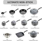 Ultimate Hard Anodized Nonstick Pots and Pans Set 17 Piece, Nonstick Cookware Set with Fry Pan, Saucepans, Saute-Pan, Griddle, Dishwasher Safe, Onyx