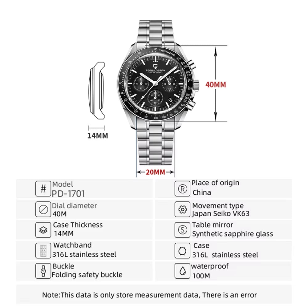 2026 New  Moon V6 Men'S Watches Luxury Quartz Watch for Man Chronograph VK63 Men Gift AR Sapphire Mirror Luminous
