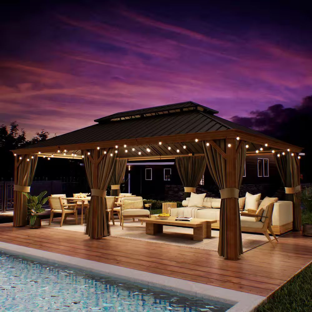 14 Ft. X 22 Ft. Double Galvanized Steel Roof Aluminum Wood-Looking Frame Outdoor Patio Hardtop Gazeb