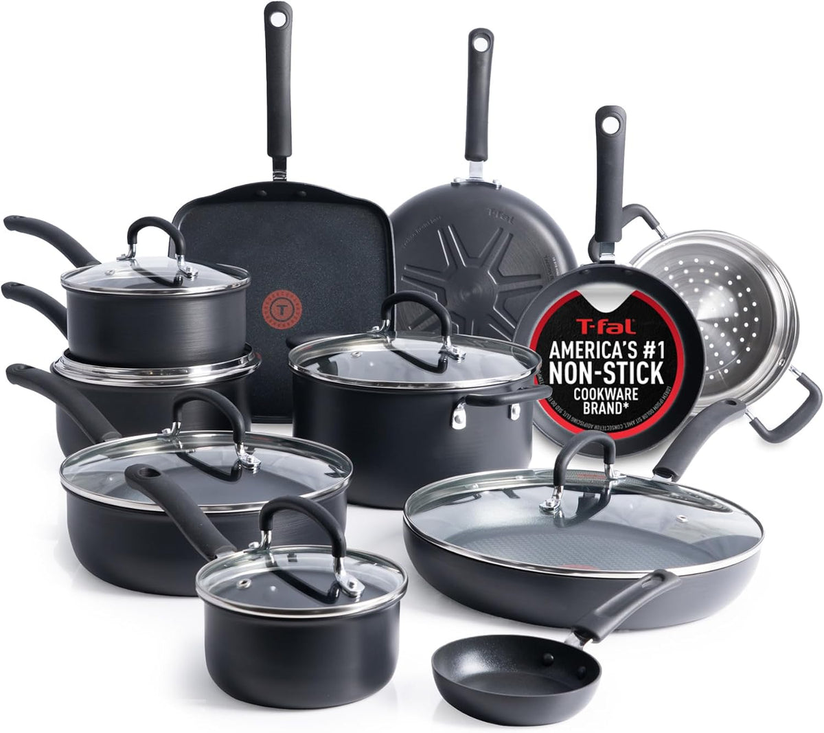 Ultimate Hard Anodized Nonstick Pots and Pans Set 17 Piece, Nonstick Cookware Set with Fry Pan, Saucepans, Saute-Pan, Griddle, Dishwasher Safe, Onyx