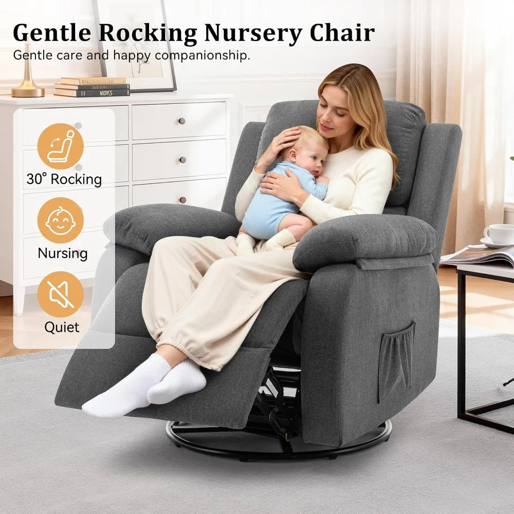 Recliner Chair 360 Swivel Rocker for Adults, Small Rocking Recliner, Upholstered Fabric Glider