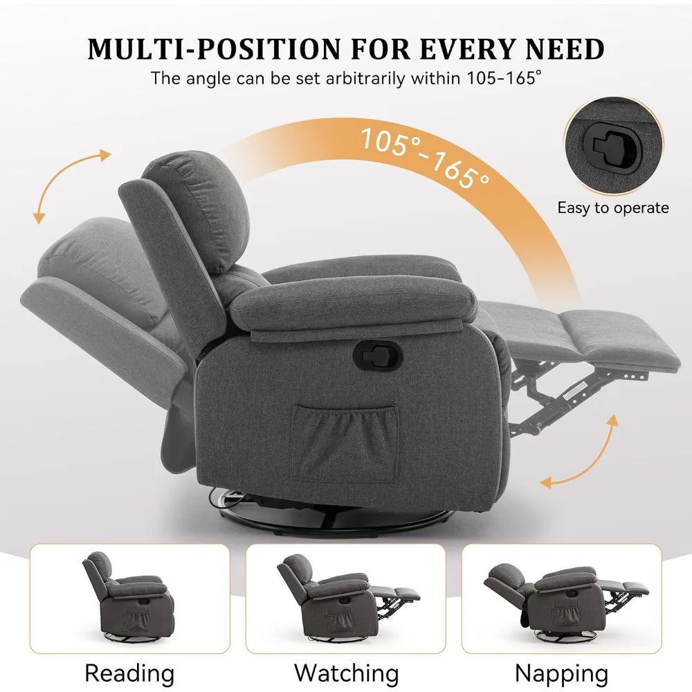 Recliner Chair 360 Swivel Rocker for Adults, Small Rocking Recliner, Upholstered Fabric Glider