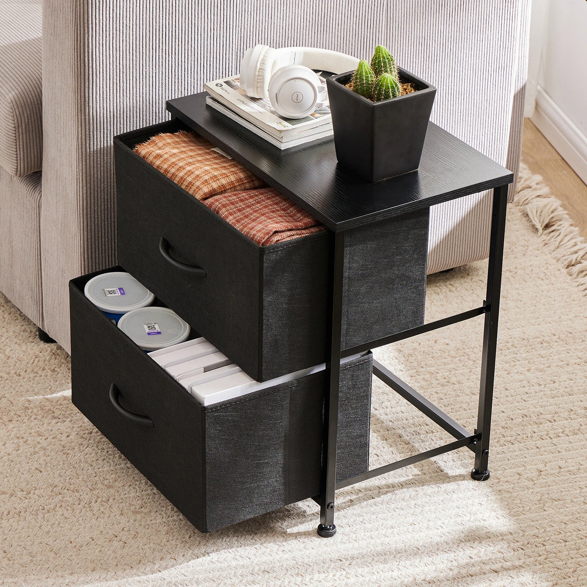 Nightstand Bedside Coffee Sofa Tea Table Storage Closet Chest Clothes Display for Bedroom 2 Fabric Drawers Cabinet Furniture