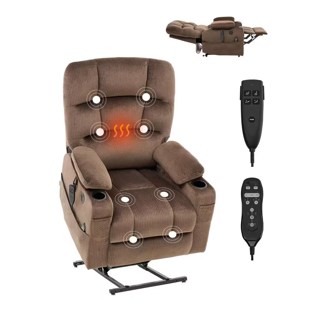 Power Lift Recliner Chair for Elderly, Dual Motor with Heat and Massage, USB Port, Infinite Position Adjustment, Brown
