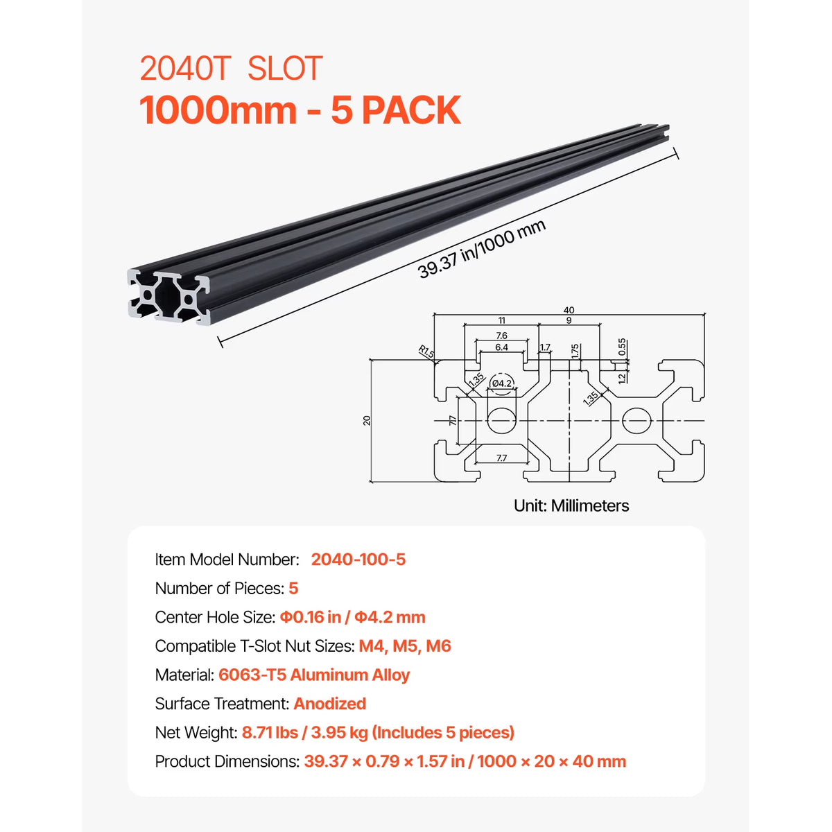 Linear Rail 4-5 PCS 1000Mm/1200Mm/1500Mm/2000Mm T Slot 2040 Aluminum Extrusion Profile for 3D Printer, CNC Machine DIY