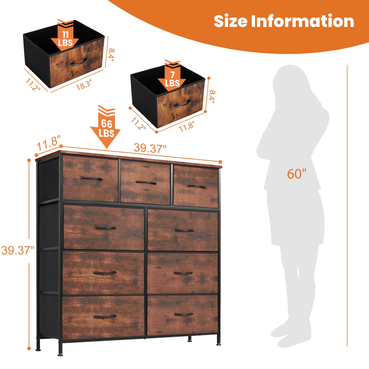 Dresser for Bedroom with 9 Fabric Storage Drawer Wardrobe Tall Chest Organizer Closet Adult Kids Clothes Cabinet Furniture