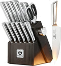 Japanese High Carbon Stainless Steel Knife Set with Block, Precision-Forged Gyutou Kitchen Knives with Built-In Sharpener, Ultra-Sharp 10–15° Edge, Ergonomic Non-Slip Handle, Dishwasher Safe