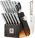Japanese High Carbon Stainless Steel Knife Set with Block, Precision-Forged Gyutou Kitchen Knives with Built-In Sharpener, Ultra-Sharp 10–15° Edge, Ergonomic Non-Slip Handle, Dishwasher Safe