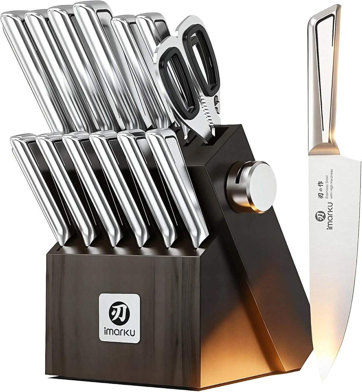 Japanese High Carbon Stainless Steel Knife Set with Block, Precision-Forged Gyutou Kitchen Knives with Built-In Sharpener, Ultra-Sharp 10–15° Edge, Ergonomic Non-Slip Handle, Dishwasher Safe