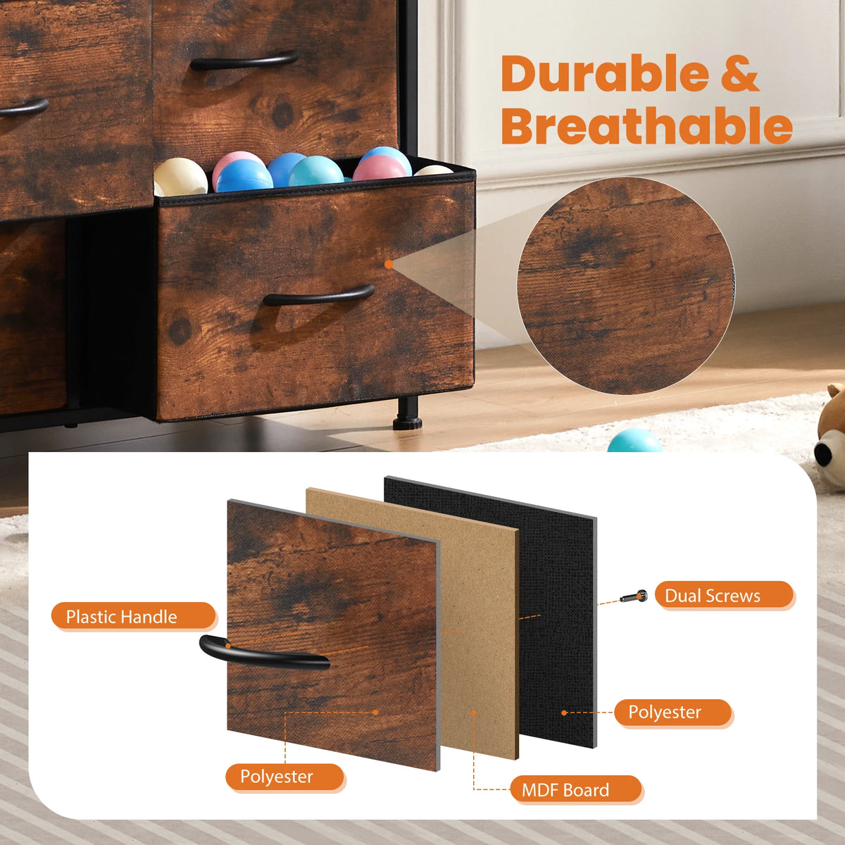 Dresser for Bedroom with 9 Fabric Storage Drawer Wardrobe Tall Chest Organizer Closet Adult Kids Clothes Cabinet Furniture